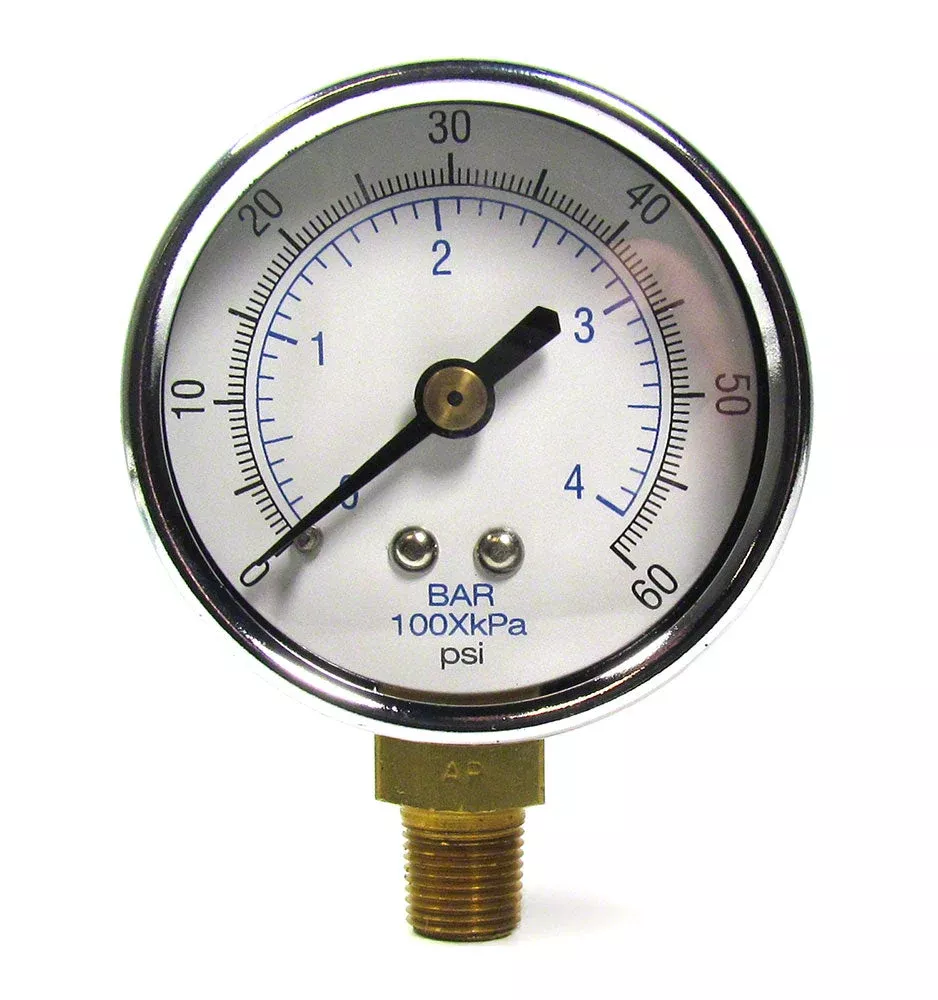 0 to 60 PSI Pressure Gauge – 1/4 Inch Bottom Mount – 2 Inch Face – Poly Case