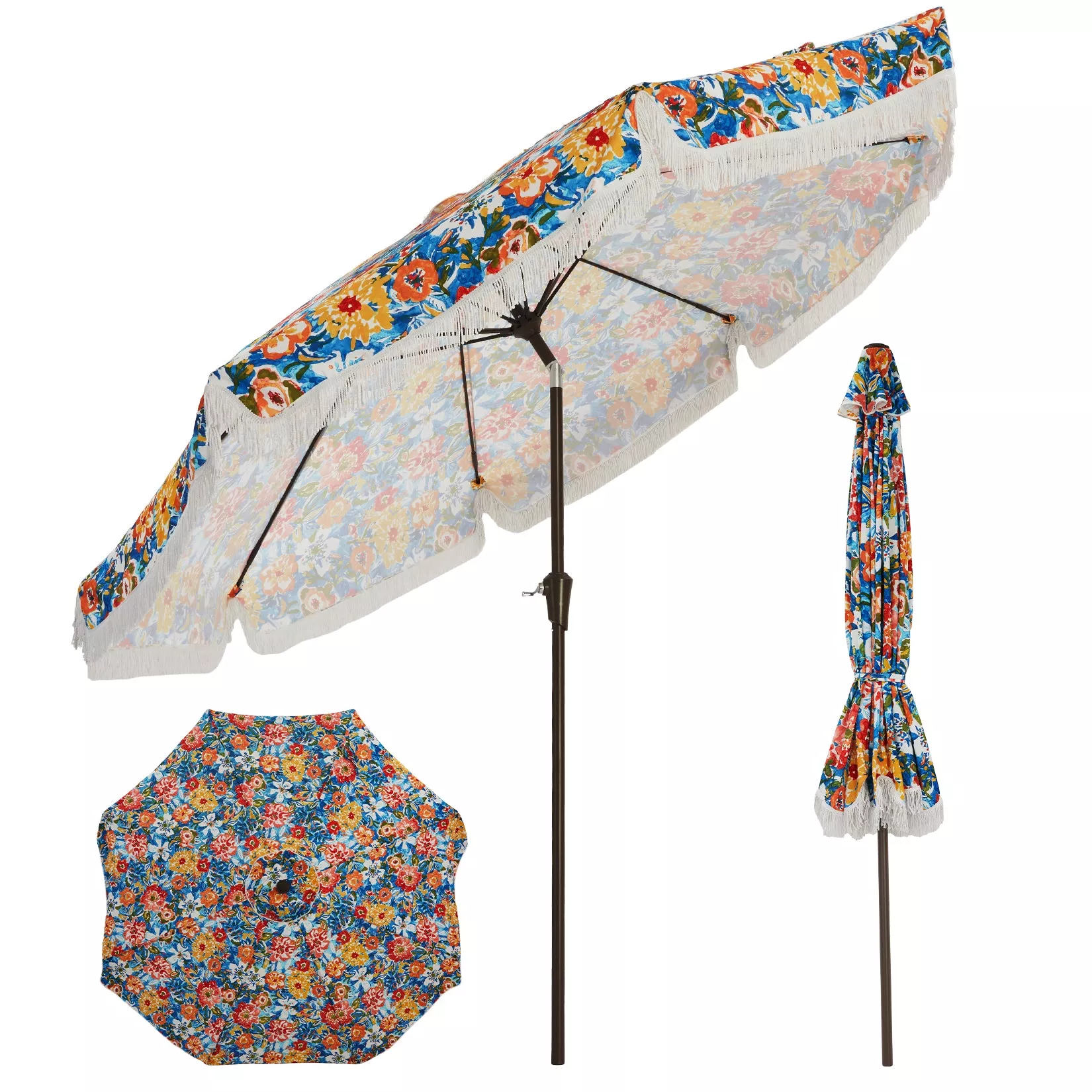 10FT Fringe Patio Umbrella with Crank Handle, Push Button Tilt for Sun Shade, 8 Fiberglass Ribs, 1.5″D Premium Steel Pole, Outdoor Large Tassel Umbrella for Patio Beach Pool Backyard, Flower