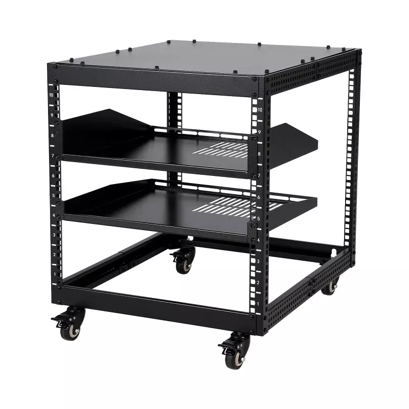 10U 23″40″ Adjustable Depth Open Frame Server Rack, wall-mount or freestanding setup, for Network & AV Equipment, Black