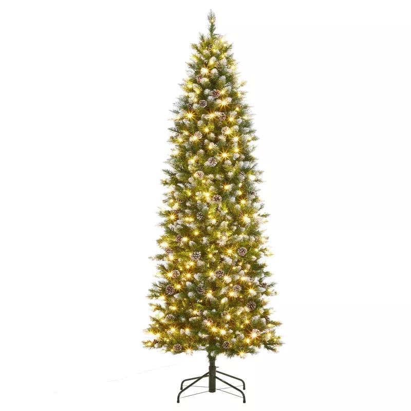 12ft Large Pre-Lit Pencil Christmas Tree, Artificial Hinged Xmas Tree with Snow Flocked Tips, Warm-White LED Lights and Metal Stand, Fake Slim Christmas Trees for Indoor/Outdoor Decor