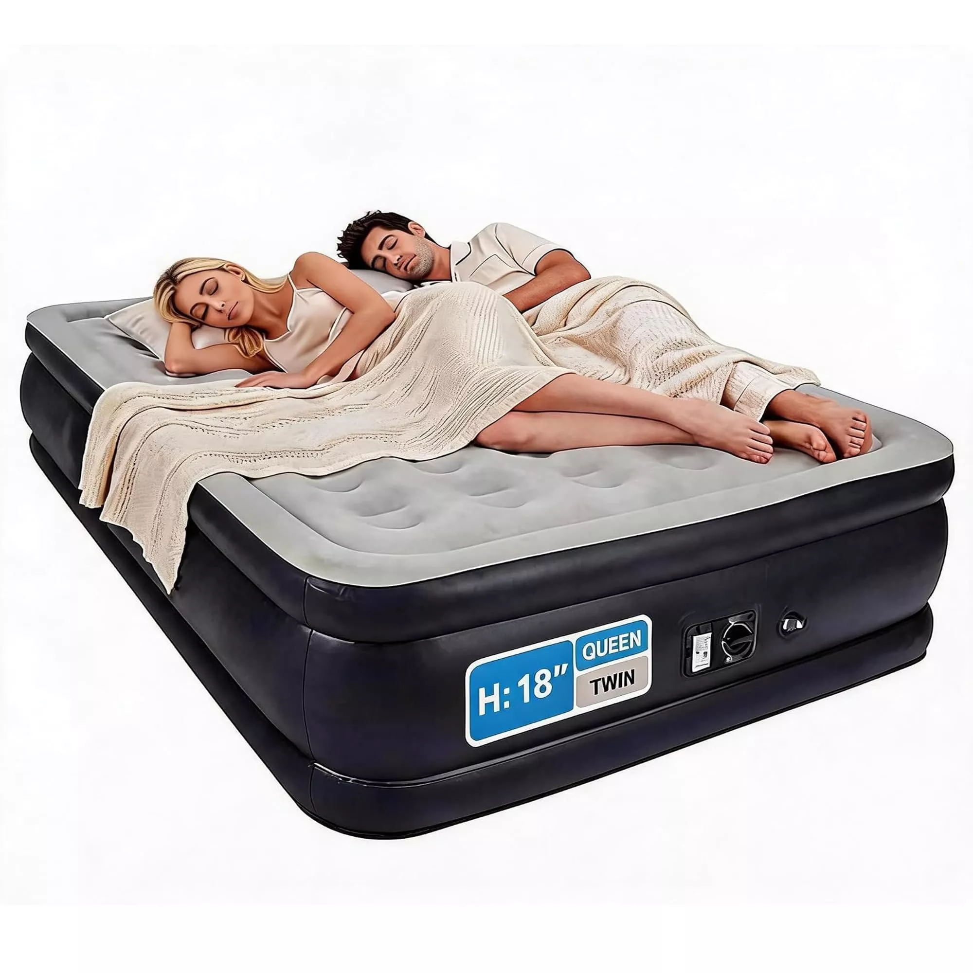 18-Inch Queen Air Mattress with Built-in Pump, Premium Elevated Inflatable Bed with Flocked Top, 600 Lbs Capacity & 40-Coil Support for Home Guests – Dark Blue/Grey