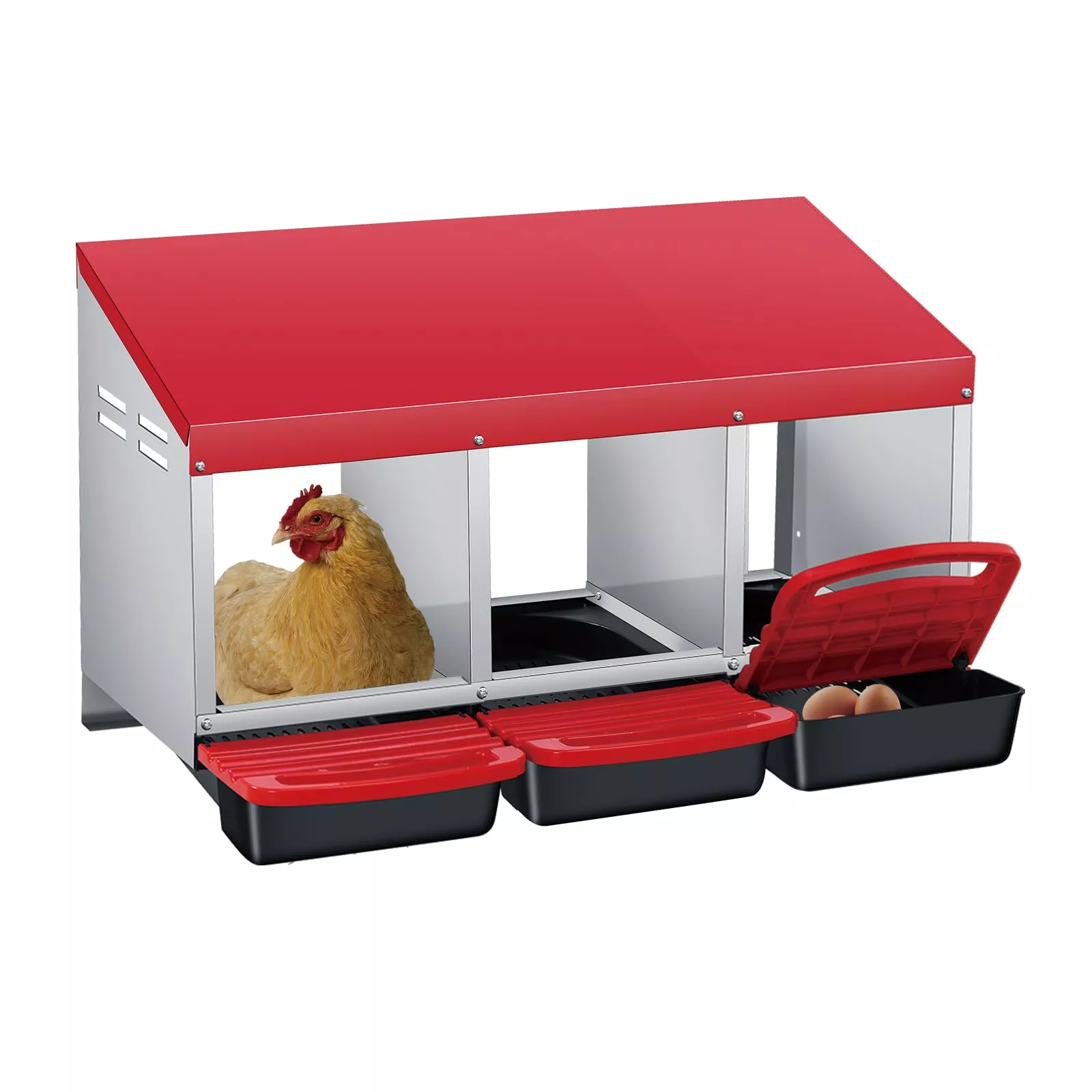 3-Compartment Chicken Nesting BoxAutomatic Roll-Away Tray & Support Stand, Red