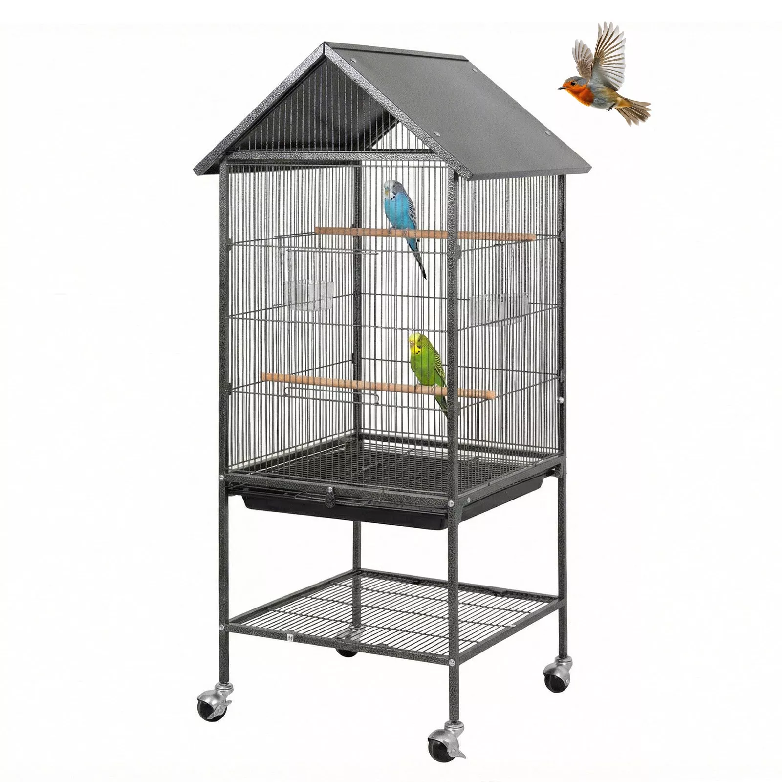 47.2″ h Bird Cage with Wheels and Waterproof Sloping Roof, Large Metal Bird Cage with Bottom Storage Shelf for Indoor Outdoor Garden Backyard, Fit for Small and Medium-Sized Birds