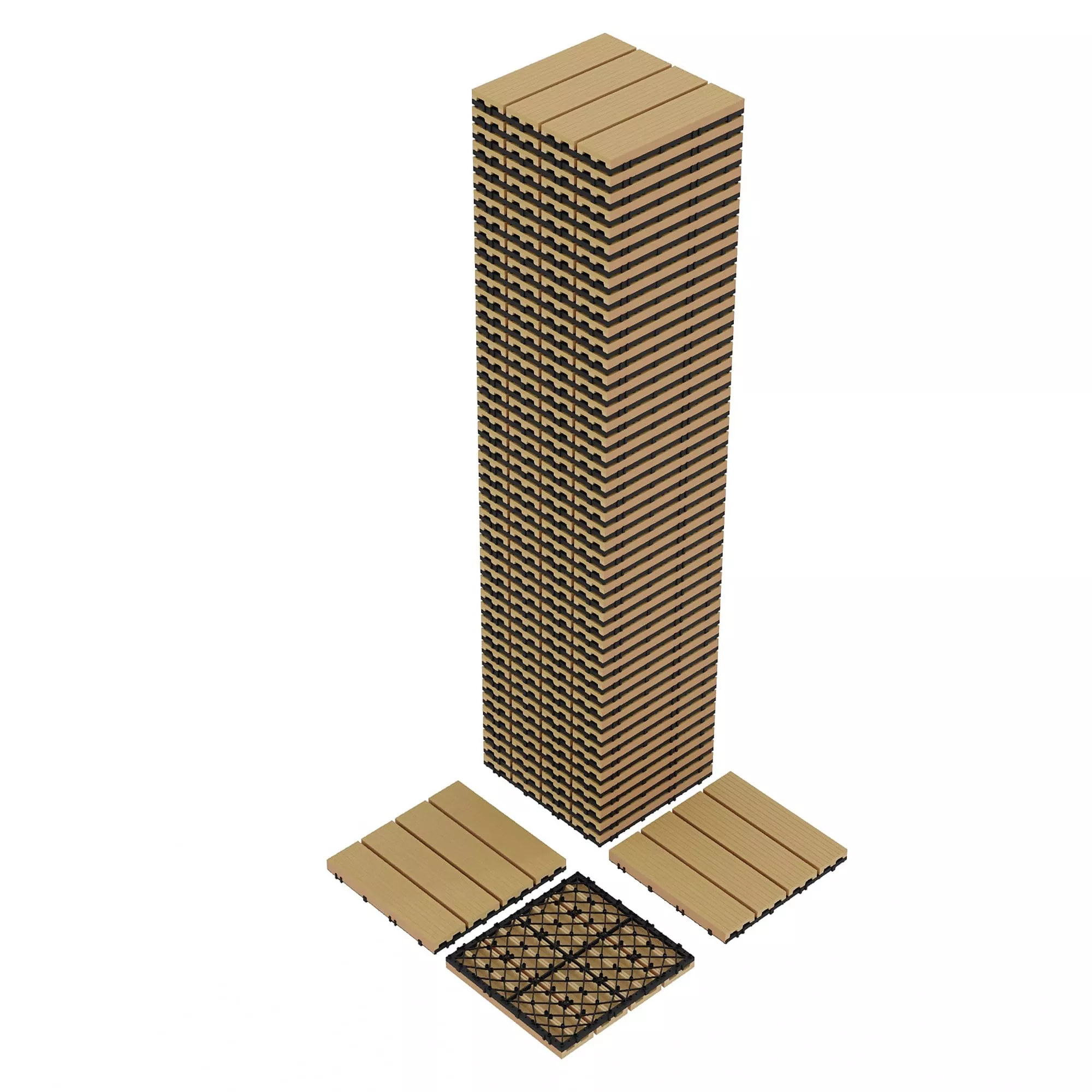 48-Pack 12″x12″ Composite Deck Tiles Waterproof Interlocking Durable Polymer Wood-Grain Patio Balcony Porch Poolside Flooring