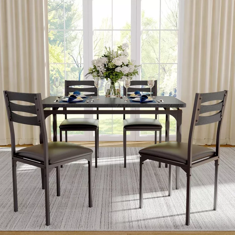 5 Piece Industrial Dining Table and Chair Set with Spiral-Patterned Legs for Kitchen and Dining Room, Brown & White