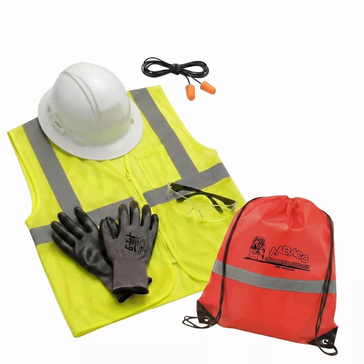 AABACO Deluxe PPE Safety Kit: High-Visibility Mesh Vest, Full Brim Style Hard Hat, Ear Plugs, Protective Glasses, & Gloves with Drawstring Storage Bag