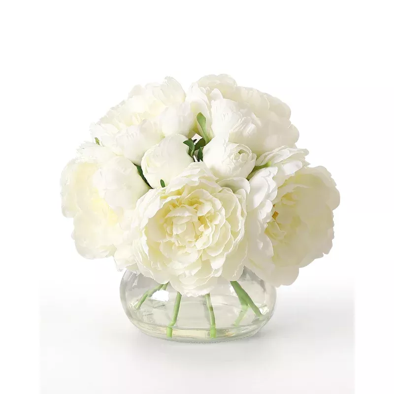 Artificial Peonies Flowers with Vase, Mixed White Silk Peony Bouquet for Wedding, Party, Home Decor, Table Centerpiece, Clear Glass Vase