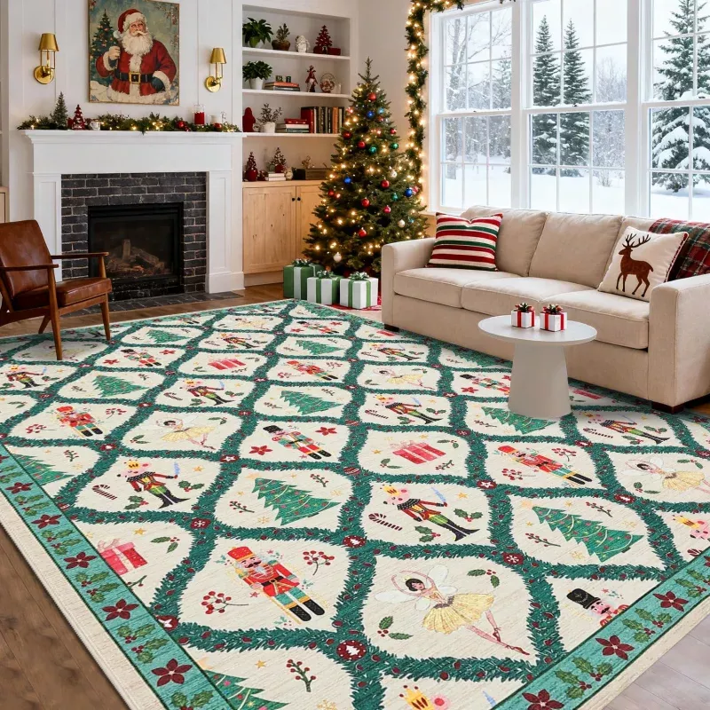 Christmas Nutcracker Area Rug 8×10 Low-Pile Non-Slip Polyester Machine Washable Soft Durable Living Room Nursery