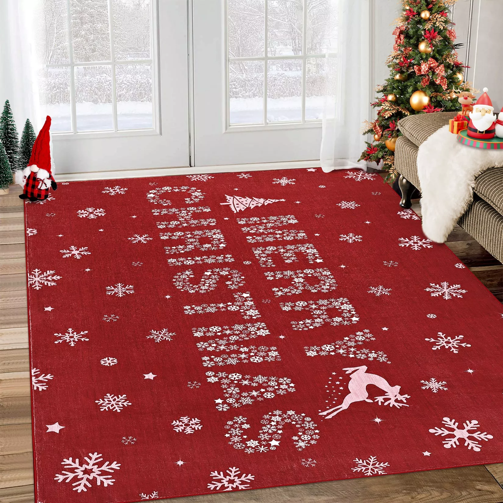 Christmas Red 6×9 Area Rug Washable,Snowflake Carpet Holiday Decorative Foldable Coffee Table Accent – Farmhouse Dining Table Bedroom Decor