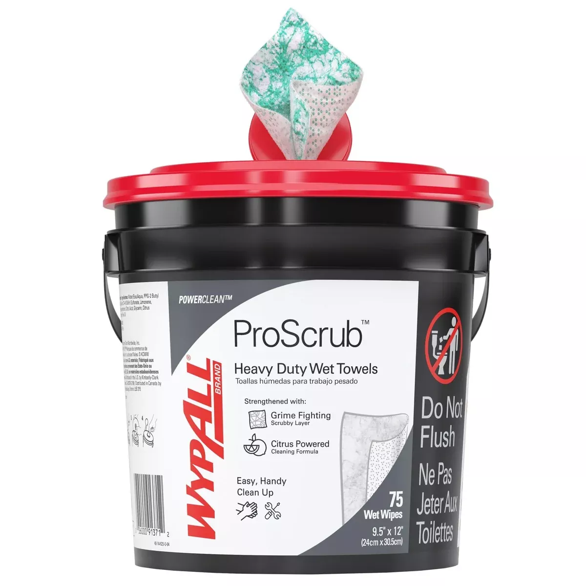 Cleaning Wipes: Bucket, 9 1/2 in x 12 in Sheet Size, 75 Wipes per Container, Green/White – 1 Each