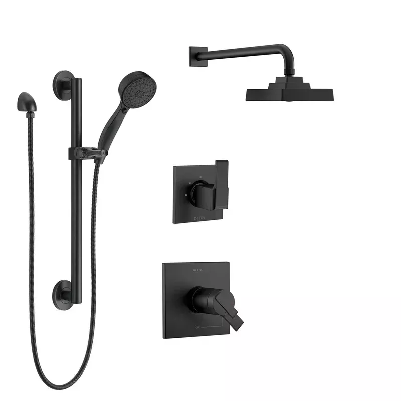 Delta Ara Matte Black Finish Thermostatic 17T Shower System with Diverter, Wall Mount Showerhead, and Hand Shower with Slide Bar SS17T2673BL2
