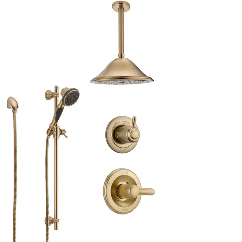 Delta Lahara Champagne Bronze Shower System with Control Handle, 3-Setting Diverter, Ceiling Mount Showerhead, and Hand Shower with Slidebar SS1438CZ4