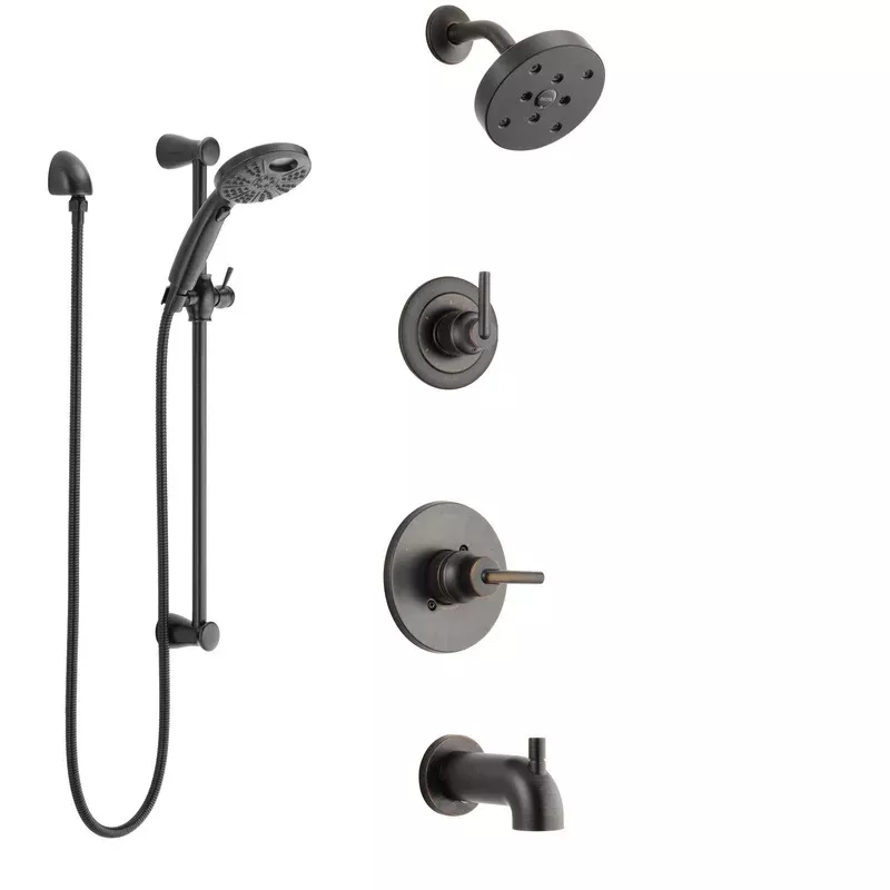 Delta Trinsic Venetian Bronze Tub and Shower System with Control Handle, 3-Setting Diverter, Showerhead, and Hand Shower with Grab Bar SS14459RB3