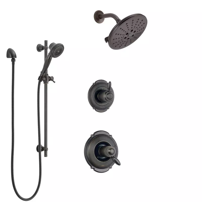 Delta Victorian Venetian Bronze Shower System with Dual Thermostatic Control Handle, Diverter, Showerhead, and Hand Shower with Grab Bar SS17T551RB2