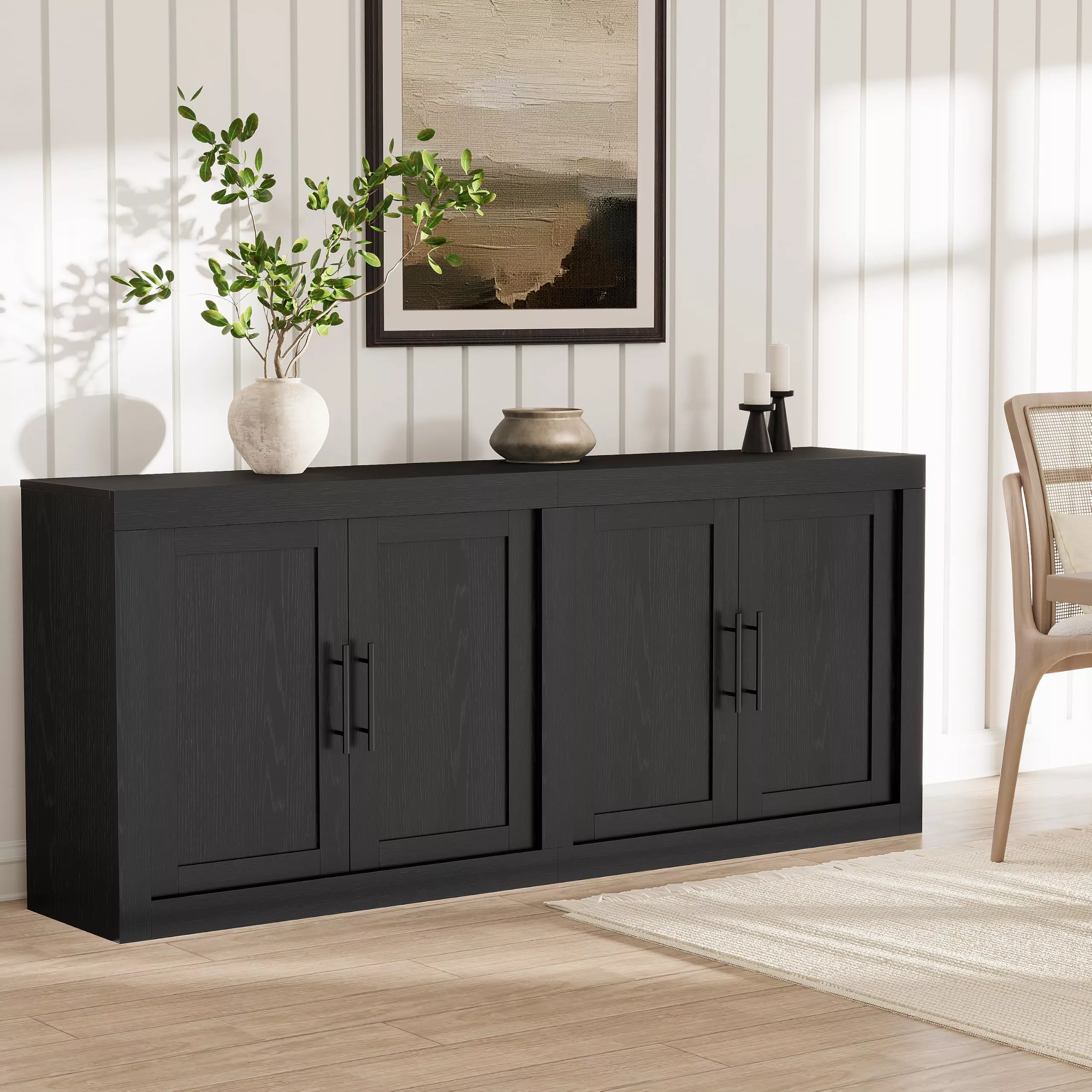 Extra-Long Sideboard Buffet Cabinet, 70.8″ Credenza Console Table – 4-Door Coffee Bar Storage w/ Adjustable Shelves for Dining Room/Living Room/Entryway – Black, 4 Wooden Doors