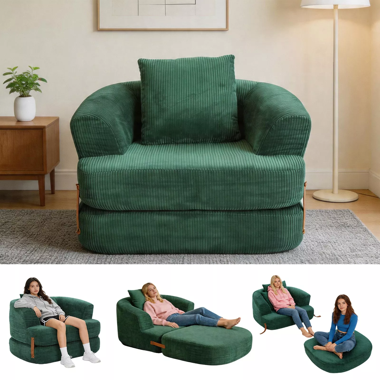 Folding Sofa Bed with Backrest & Handle, 3-in-1 Convertible Bean Bag Chair to Floor Sofa Lounger, Boneless Fold Out Couch Bed with Handle Comfy Fold Out Couch for Bedroom and Living Room, Green