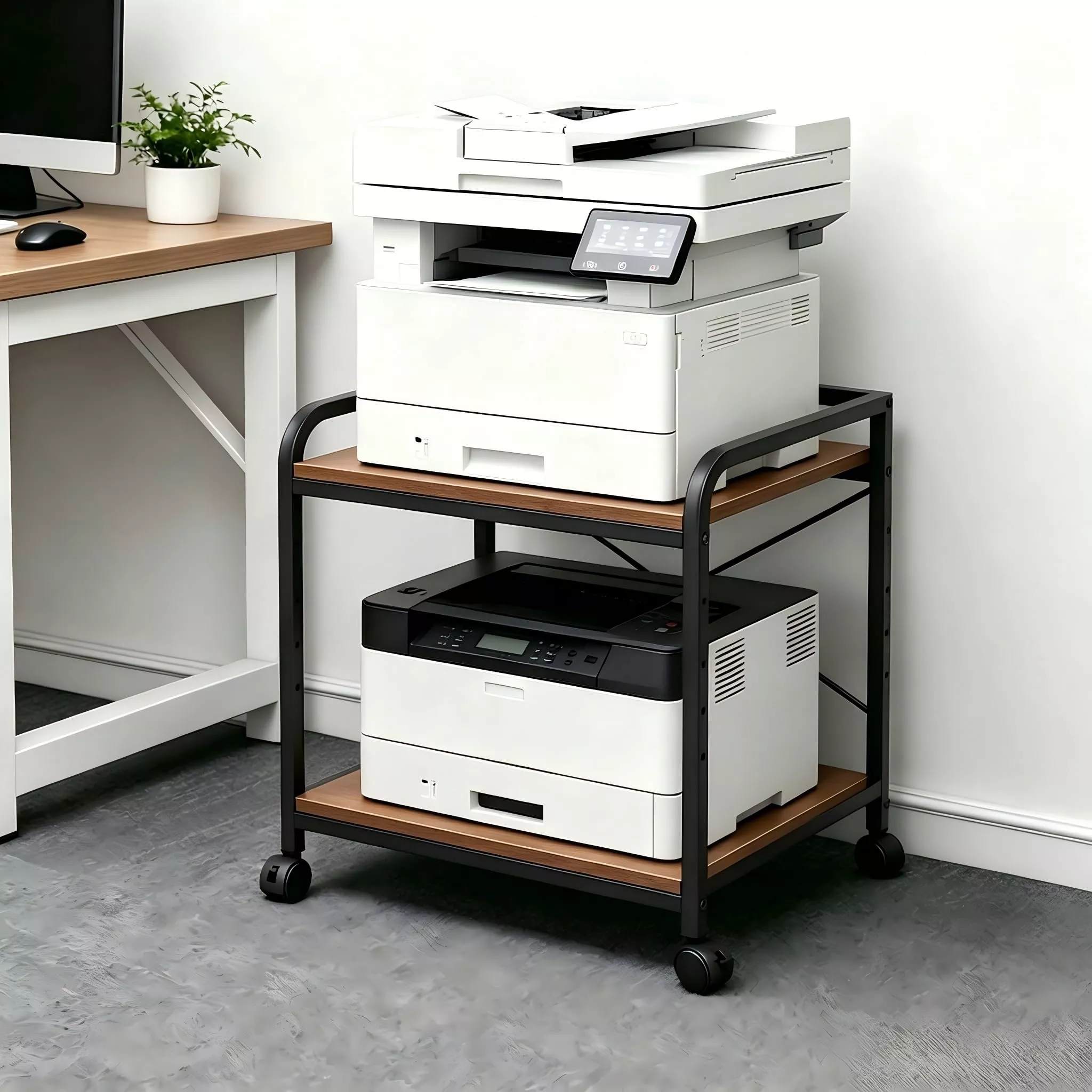 Heavy Duty 2-Tier Under Desk Printer Stand20″ Deep Adjustable Shelf Printer Table with WheelsMobile Office Storage Organizer for Home or WorkplaceSpace-Saving Rolling Platform, Brown