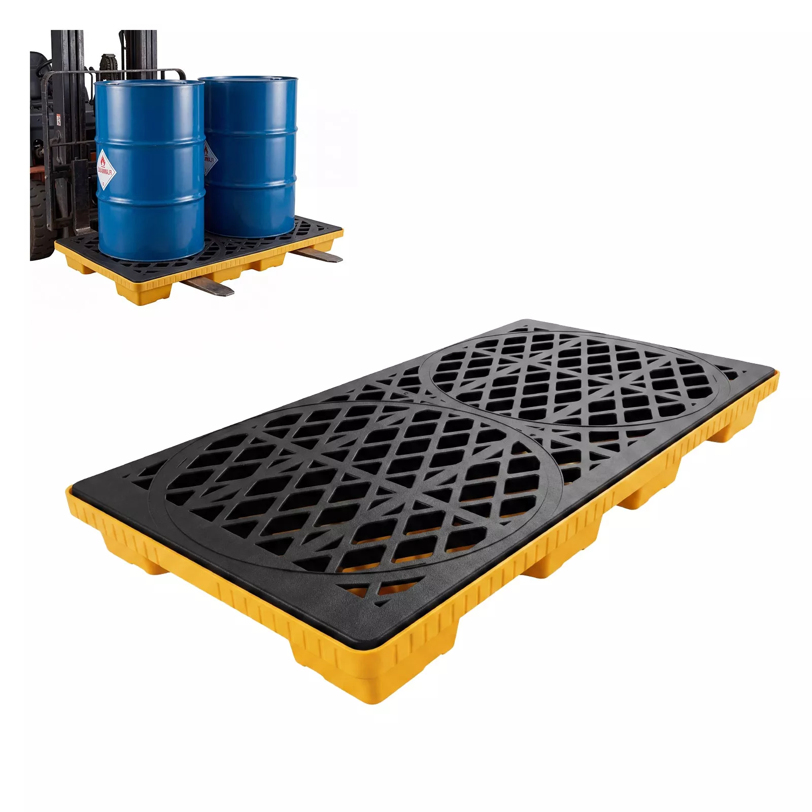 Heavy-Duty Secondary Spill Pallet for 2 Drums2000 lbs CapacityModular Forkliftable Plastic Containment TrayIndustrial Oil & Chemical SafetySize: 48 x 24 x 4 Inches