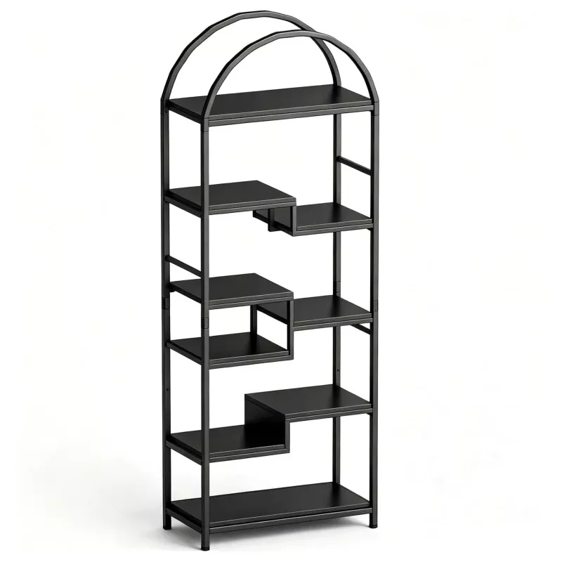 Industrial Arched 4-Tier Open Bookcase with Metal Frame – Tall Storage & Display Shelves for Home Office, Living Room or Bedroom – Black, 60″