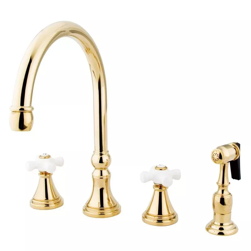 Kingston Polished Brass 8″ Deck Mount Kitchen Faucet w Brass Sprayer KS2792PXBS