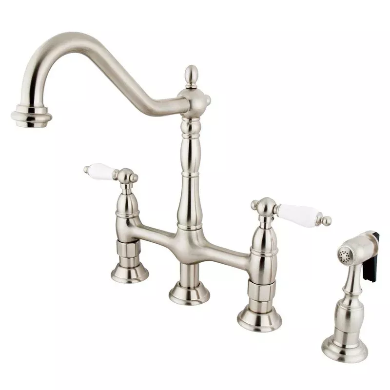 Kingston Satin Nickel 8″ Centerset Kitchen Faucet With Side Sprayer KS1278PLBS
