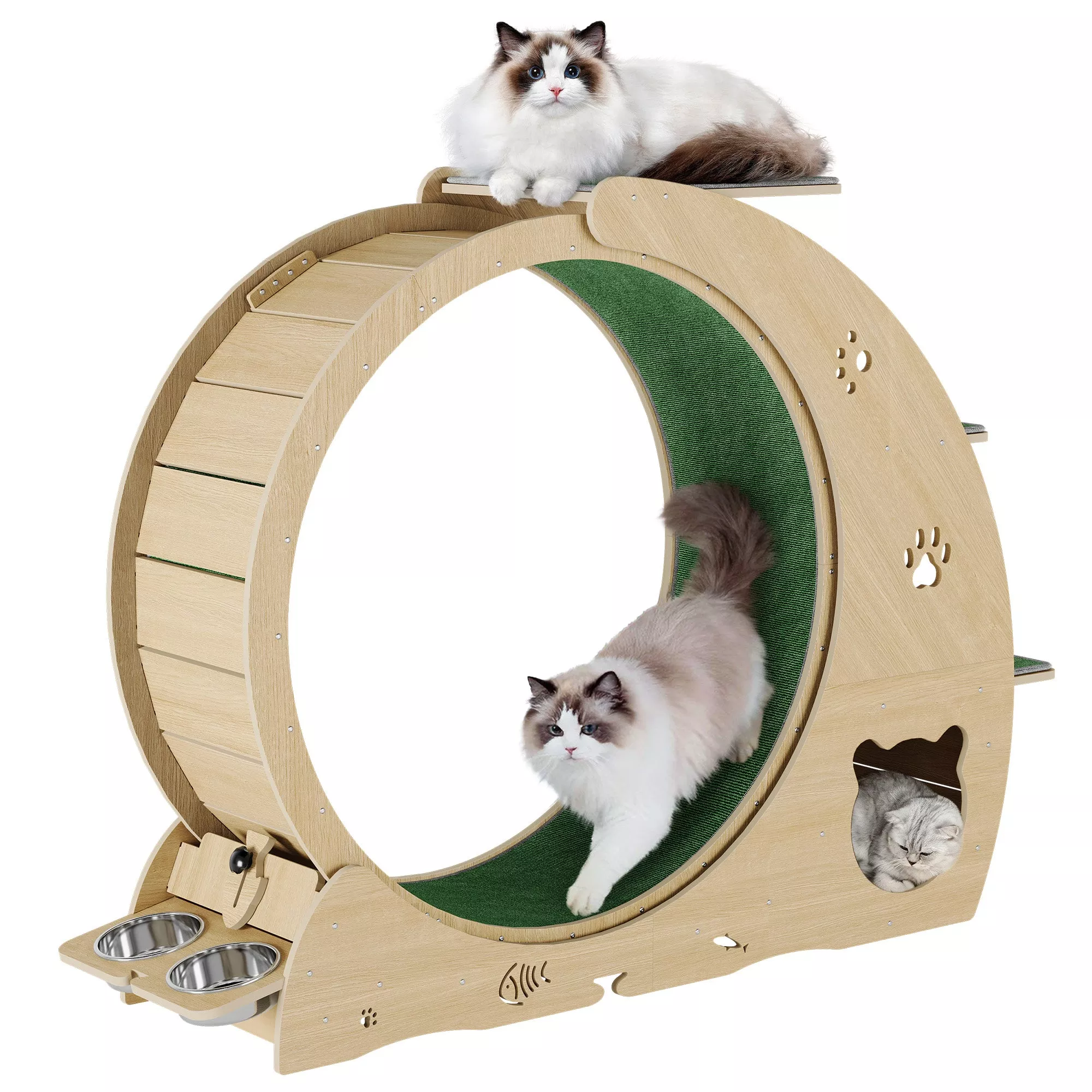 Large Cat Exercise Wheel for Indoor Cats – 4-in-1 Treadmill with Grazeing Post, 3-Level Jumping Tower & Carpeted Fashion Show – Quiet Spinner for Fitness & Entertainment – Wood Color