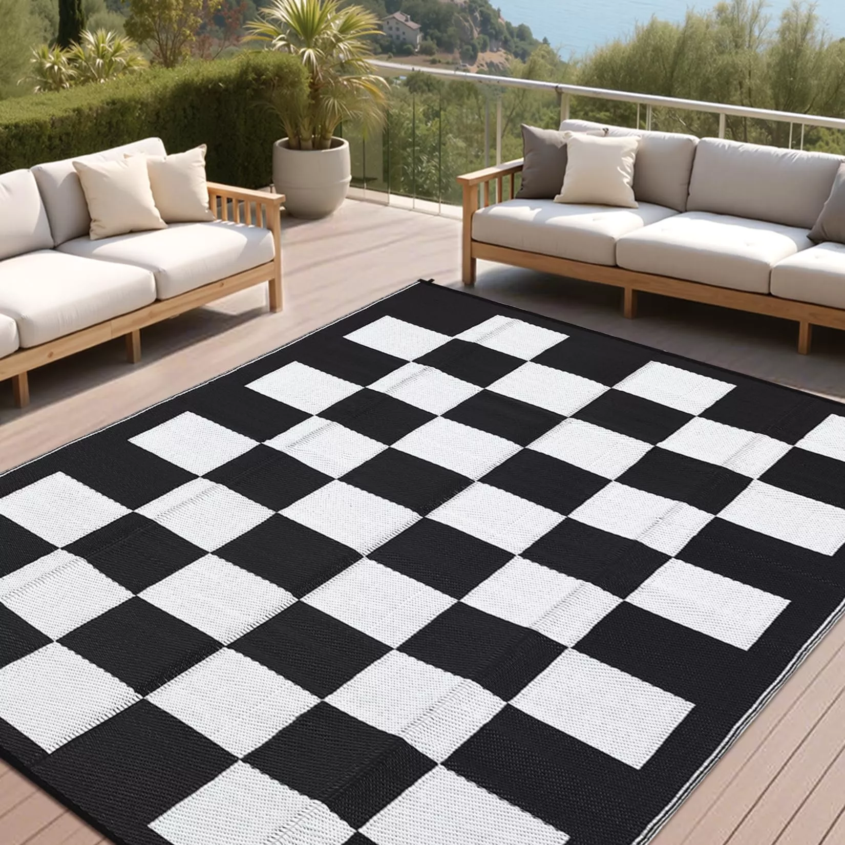 Large Waterproof Outdoor Rug 10×14 Plastic Straw UV-Resistant Reversible Foldable Checkboard Mat for Picnic Deck Backyard