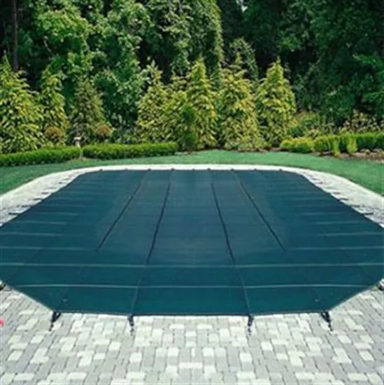 Mesh Safety Pool Cover -Pool Size: 25′ x 45′ Blue Rectangle Left Step Arctic Armor Silver 12 YrWarranty