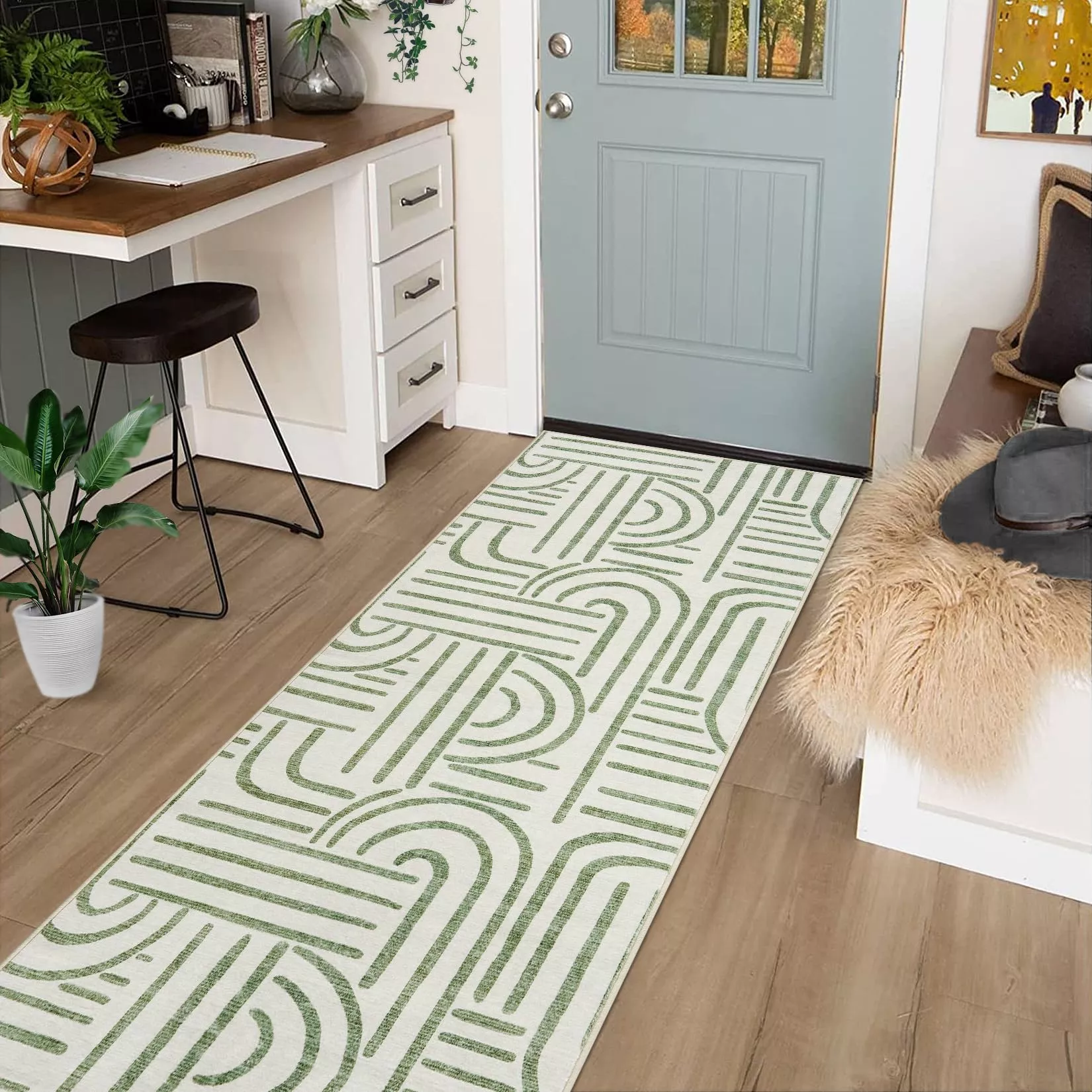 Modern 2×6 Abstract Kitchen Runner Rug Non Slip Soft Long Carpet for Hallways Bedroom Entryway Laundry Beige