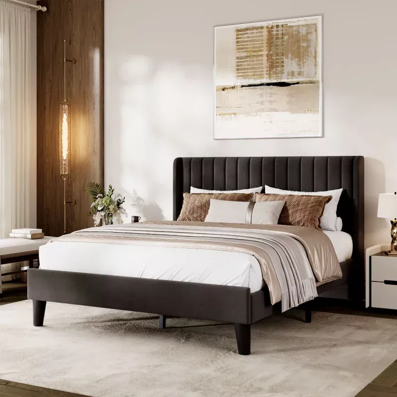 Modern Soft Platform Bed Set – Full Size, Vertical Channel Tufted Wingback Headboard, Strong Wooden Slats Support, No Box Spring Needed, Easy Assembly, Bedroom Furniture, Black