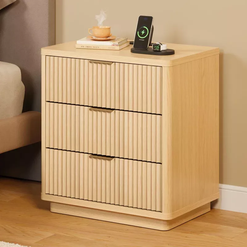 Nightstand with 3 Drawers, Fluted Bedside Table with Outlet, Light Wood Night Stand with Storage, Modern End Table with Metal Handle for Bedroom and Living Room, Space Saving