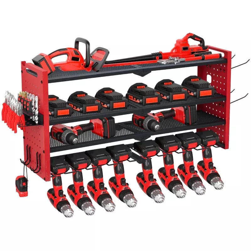 Power Tool Organizer Wall Mount Heavy Duty 4-Layer Garage Rack Metal 240lbs Load 8 No Cord Drills Storage Shelf Hooks