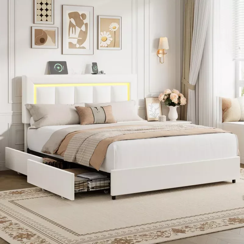 PU Leather Bed Frame with 4 Storage DrawersAdjustable Upholstered Headboard, LED Lights, Charging Station, Noise-Free, Easy AssemblyFull, White