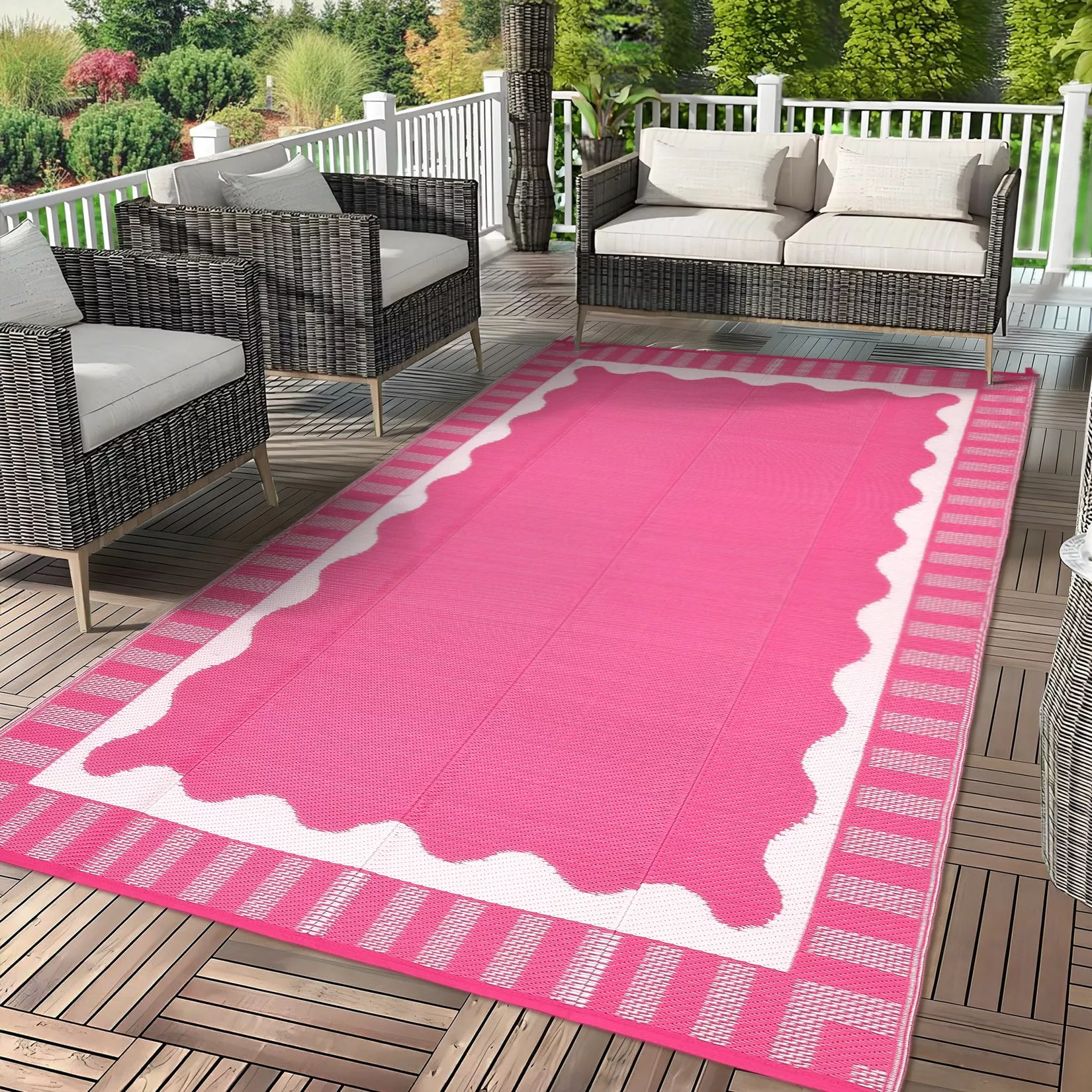 Reversible Outdoor Plastic Rug – Waterproof Patio Carpet with Modern Scalloped Edge – UV & Weather Resistant, Easy to Clean for Garden, Camping, Porch, Beach – 9x12ft, Hot Pink/White
