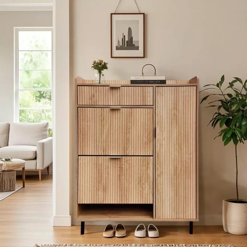 Shoe Rack Wave Pattern Shoe Cabinet With Double Shoe Trays & 1 Drawer For Entryway Oak Metal Legs Narrow Storage