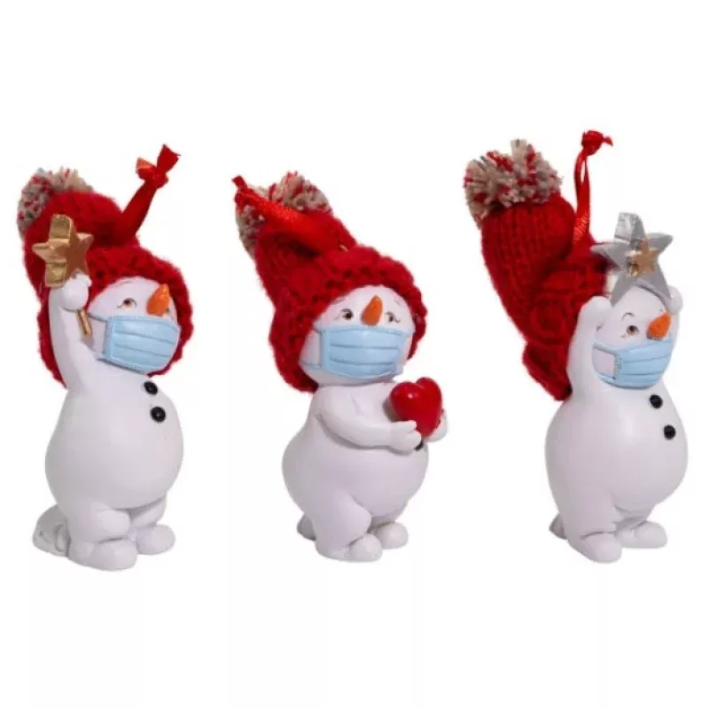 Snowmen Wearing Mask Holding Heart and Star Ornament