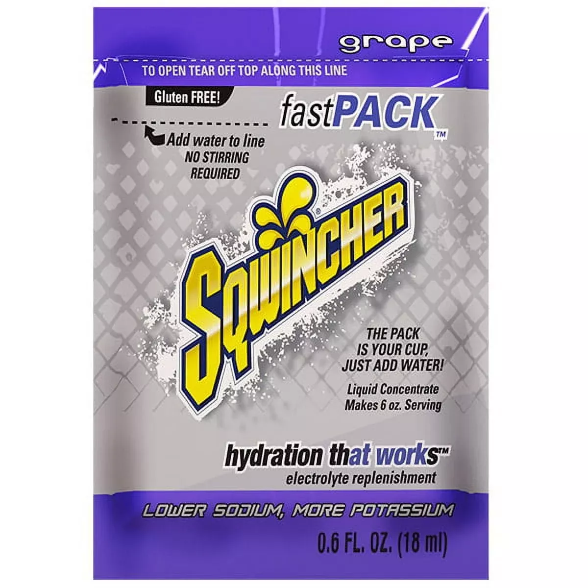 Sqwincher Grape FastPack Single Serve, 0.6 oz Packs, 6 oz Yield, 4 Boxes/50 Each