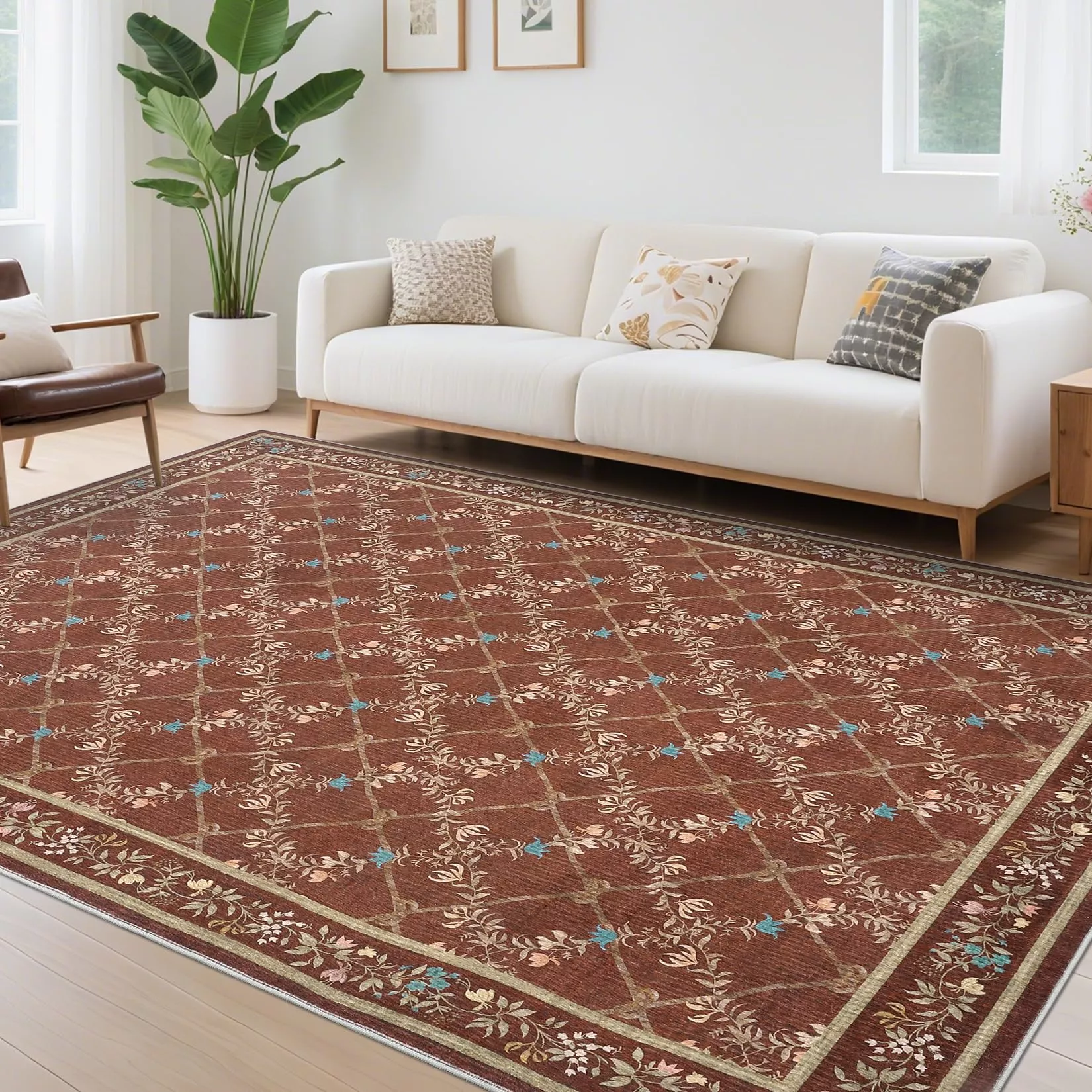 Washable Rugs 8×10 Modern Floral Boho Accent Carpet for Living Room Bedroom Green