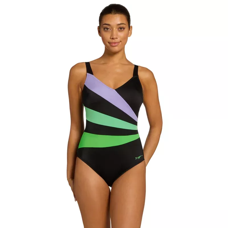 Zoggs Bedarra Wrap Panel Classicback Swimsuit – Black/Lilac/Green