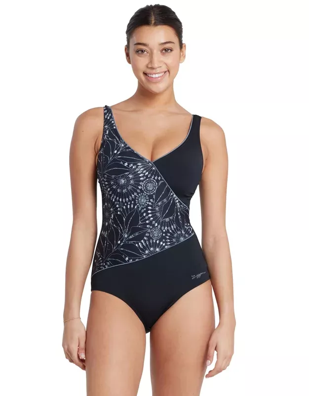 Zoggs Stellar Wrap Front Swimsuit – Black/White